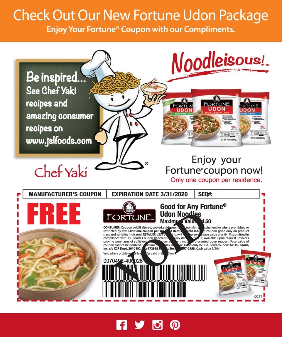 Fortune Udon Noodle Soup Coupon available at JSL Foods