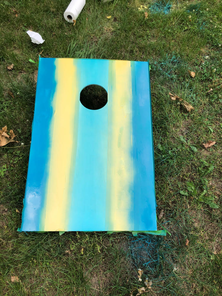 Lions and Dolphins striped on the bottom cornhole boards