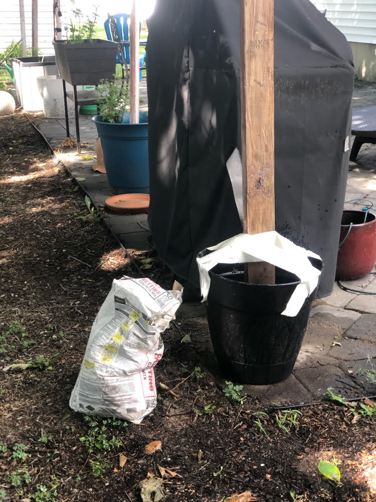 a planter with a DIY post anchored in quick drying cement. The post is temporarily held up with Duck tape.