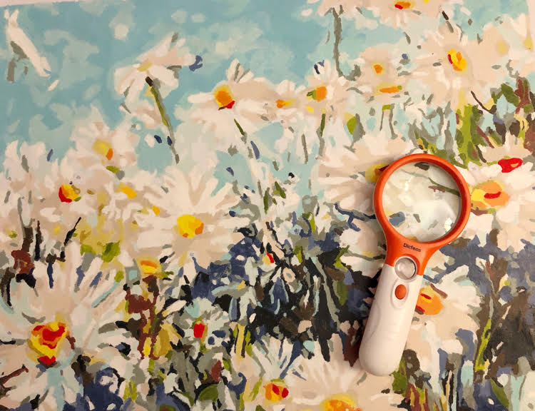 An orange and white magnifying glass on a painted paint by numbers field of daisies canvas