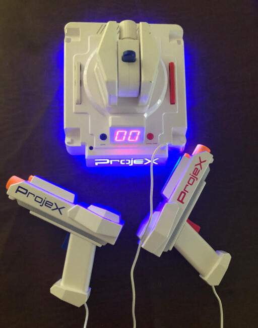 Project gaming console with "laser" blasters