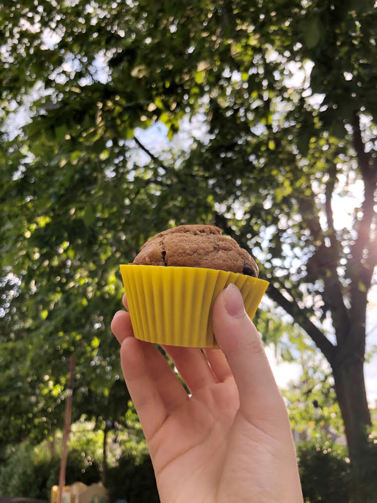 hand holding banana muffin in a pretty yellow reusable silicone cupcake linter