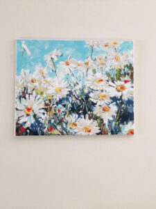 a painting of a vibrant field of daisies