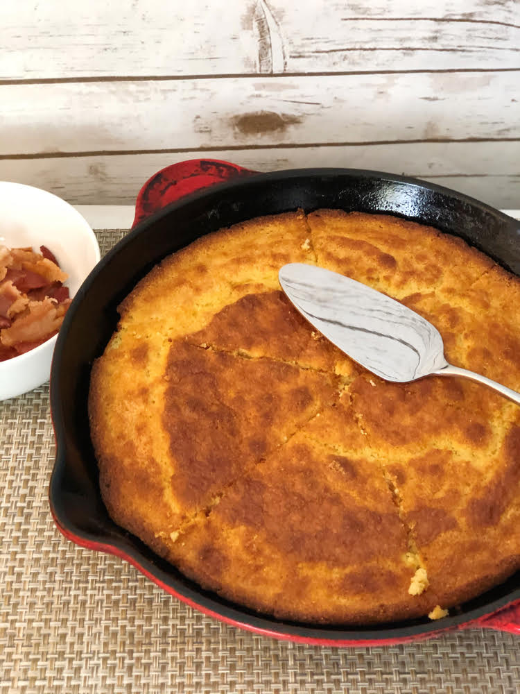 homemade buttermilk cornbread in a red skillet