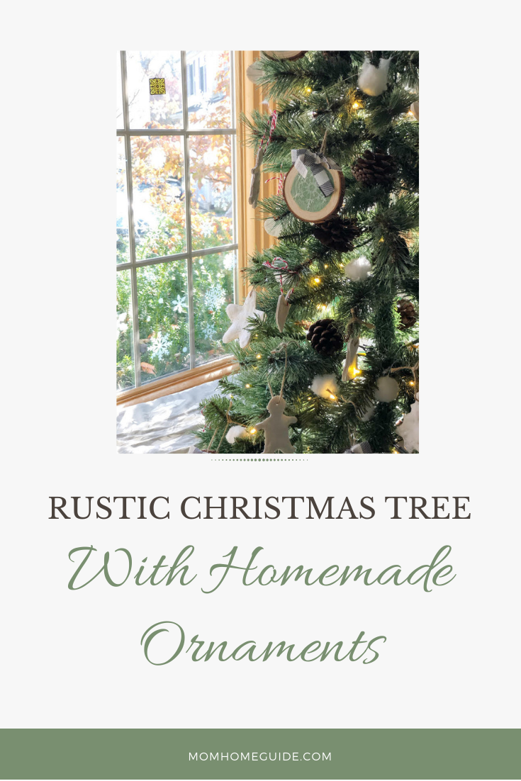 rustic christmas tree with homemade ornaments and tree topper