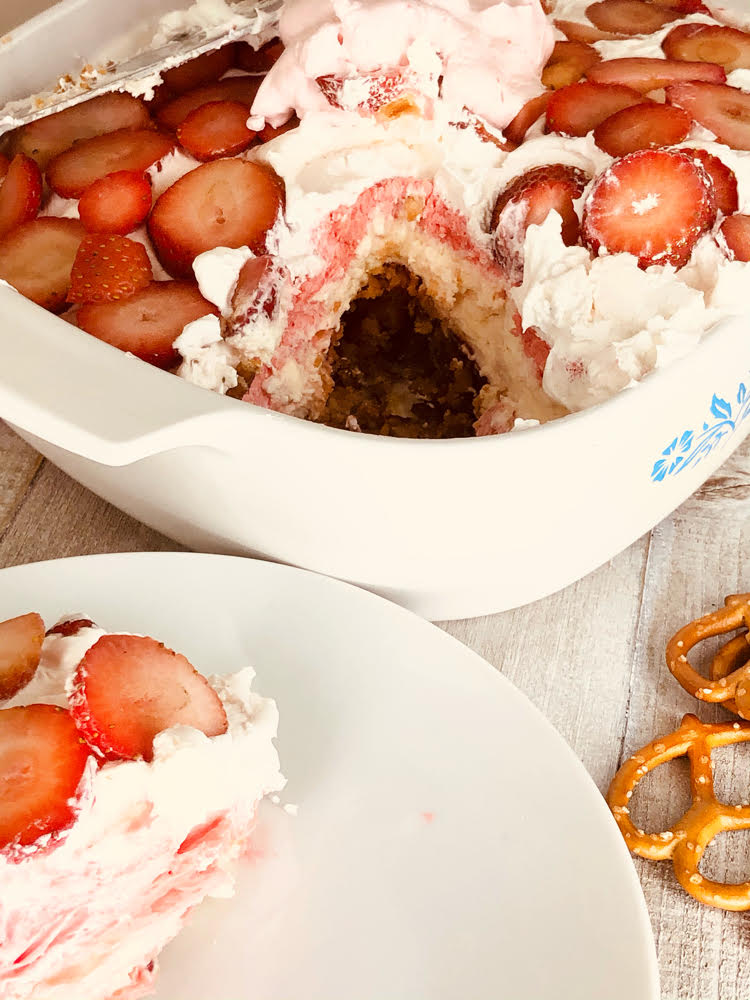 Strawberry cheesecake with a baked pretzel crust