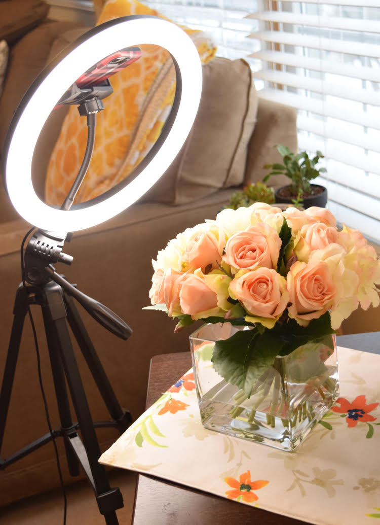 A DIY temporary home photo studio made with a TONOR ring light and a rolling laptop cart