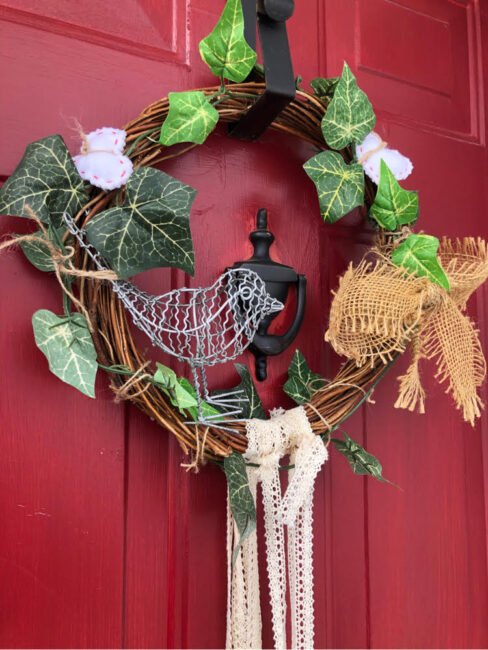 Spring Bird Grapevine Wreath with Lace and Ivy