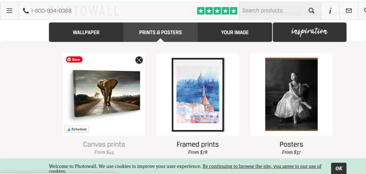 Photowall website, which offers framed and canvas prints