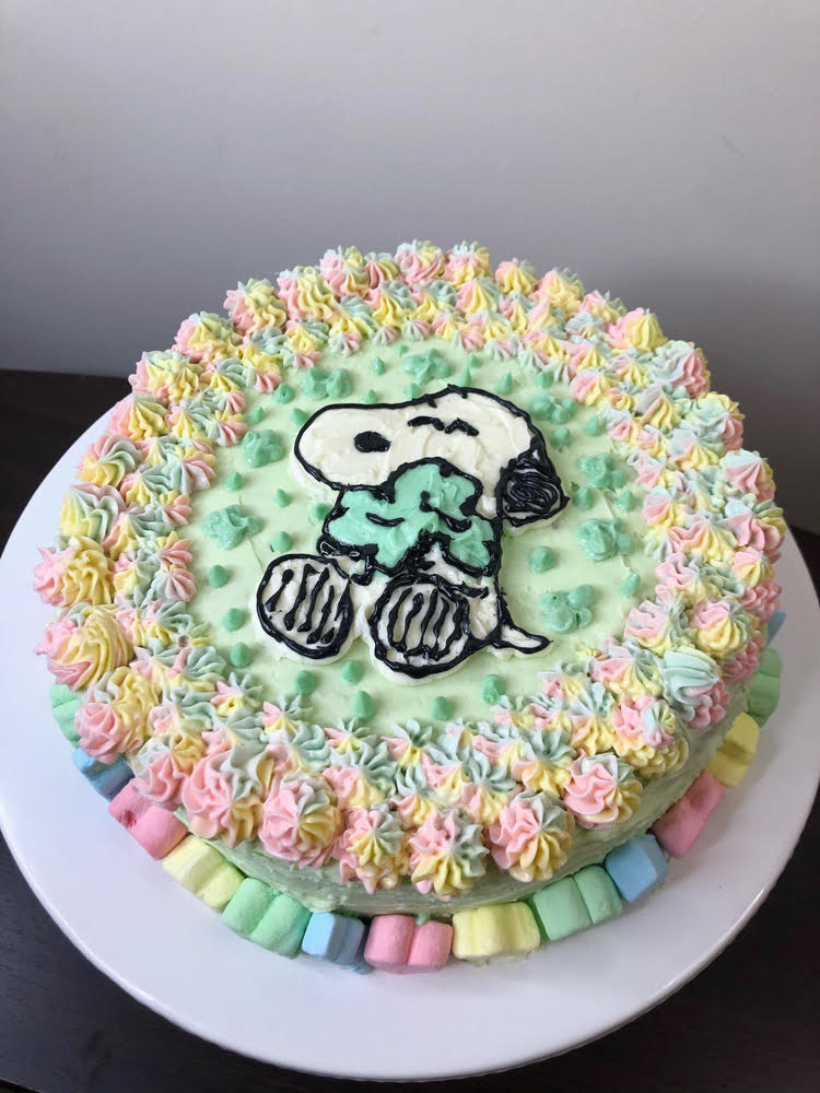 A beautiful Snoopy matcha green tea cake decorated with green and rainbow icing for St. Patrick's Day.