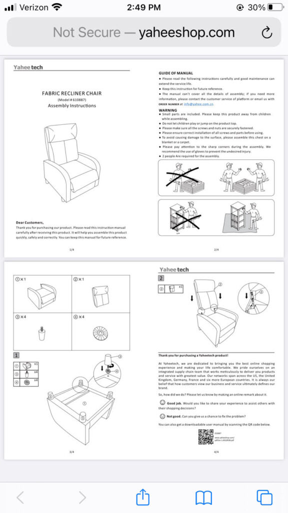 instructions for assembling the Yaheetech recliner sofa chair