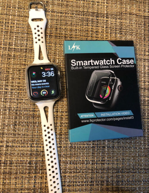 Replacement watch band for Apple Watch Series 6 and a clear plastic screen protector.