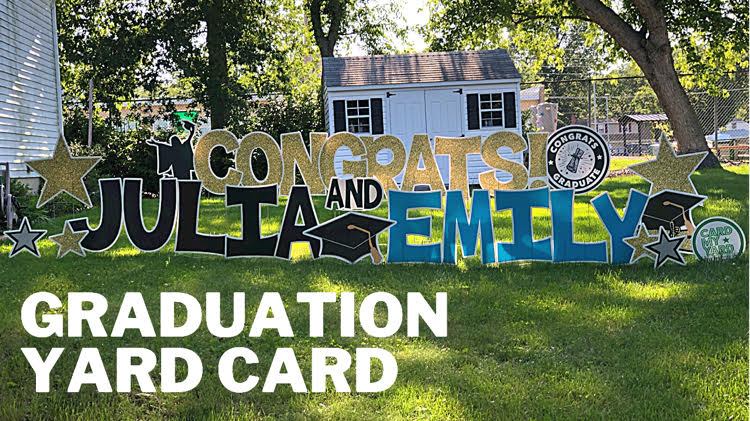 a gold, black and blue graduation display on a lawn by Card My Yard Millstone in Central New Jersey