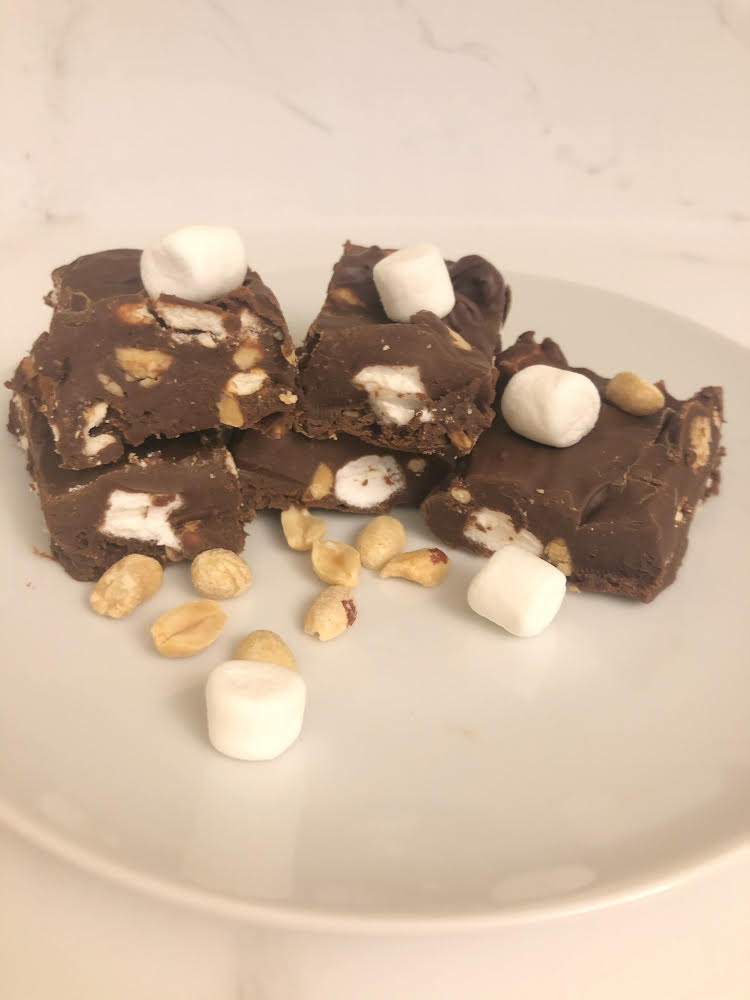 square of pretzel rocky road fudge