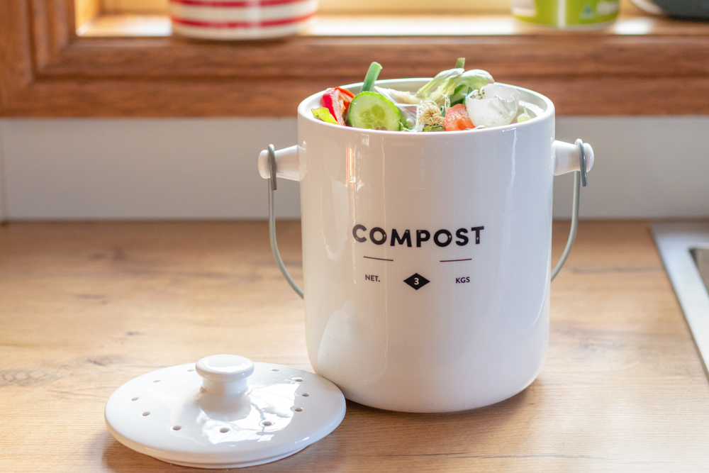 ceramic compost container on kitchen counter