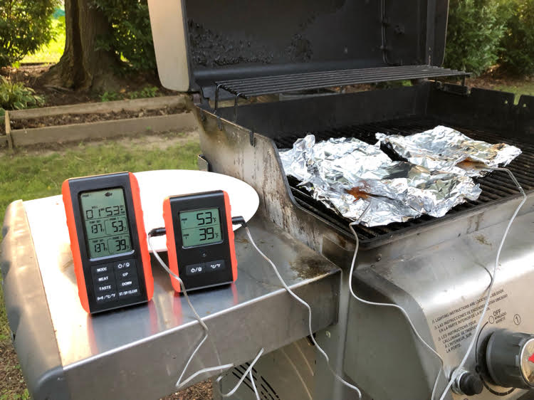 cooking on a grill with a remote wireless meat, chicken and fish thermometer