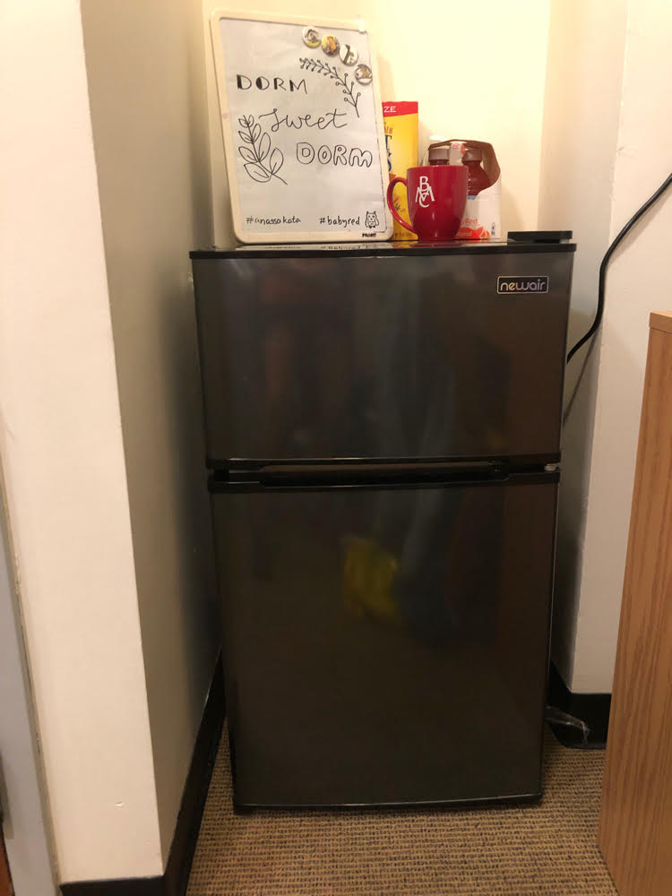 compact NewAir fridge perfect for a dorm, decorated with a white board and a Bryn Mawr College mug