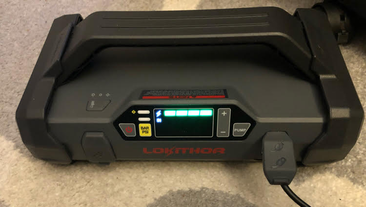 The Lokithor is a car jump starter, air compressor, powerful LED flashlight, and powerbank for cell phones and other electronics.