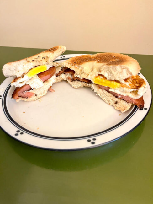 Spam and egg bagel breakfast sandwich