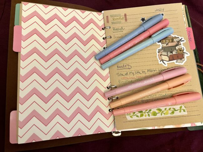 diary with pretty dividers, boho stickers, and dual-tip markers