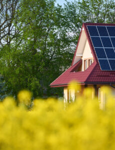 An eco-friendly home with solar panels surrounded by trees and flowers