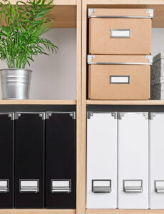 bookcase with paper file boxes