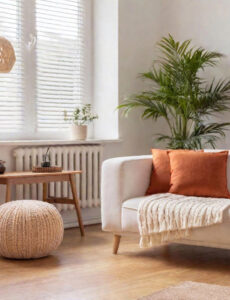 a living room with modern furniture and a potted plant