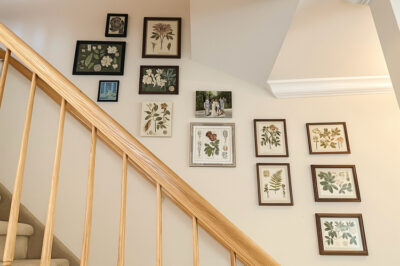 a beautiful gallery wall along a staircase with botanical prints