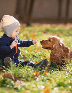 baby with a pet dog outside in autuumn