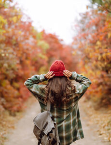 woman, fall, hike, beanie