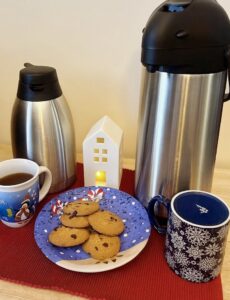 coffee or tea carafes on a holiday beverage cart