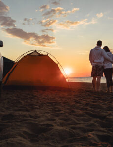 couple, beach, sunset, vehicle