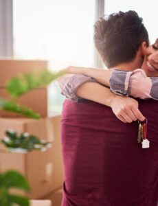 couple, moving boxes, new home