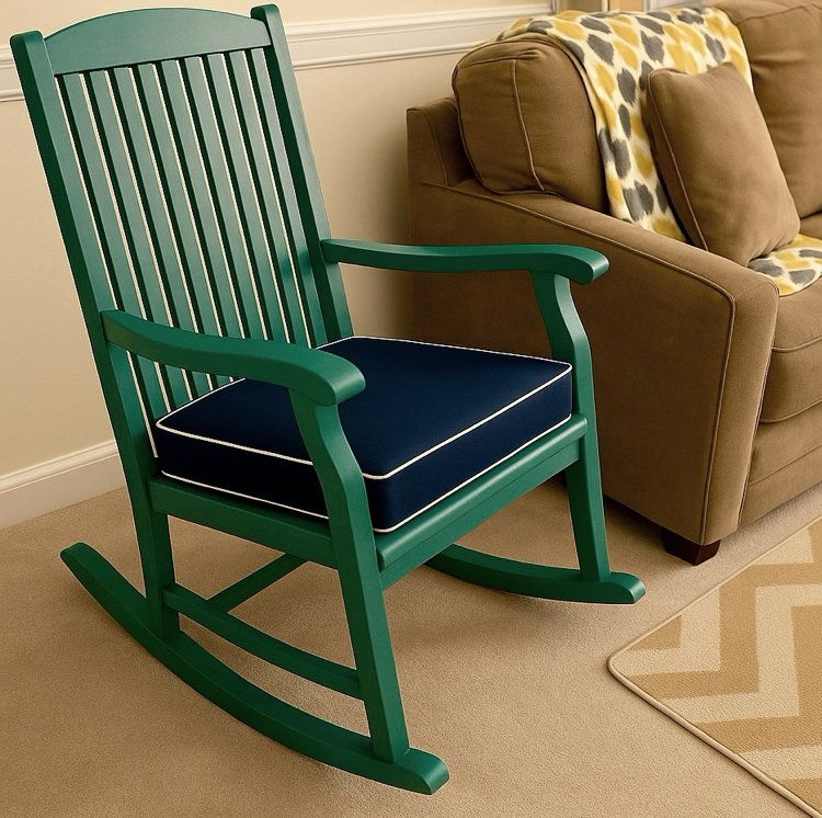 A rocking chair painted with Sherwin Williams Raging Sea paint in a living room