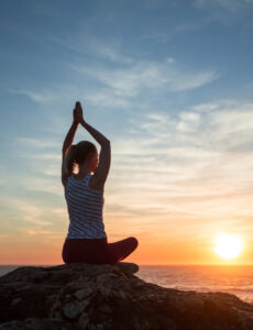 woman, yoga, sun, ocean