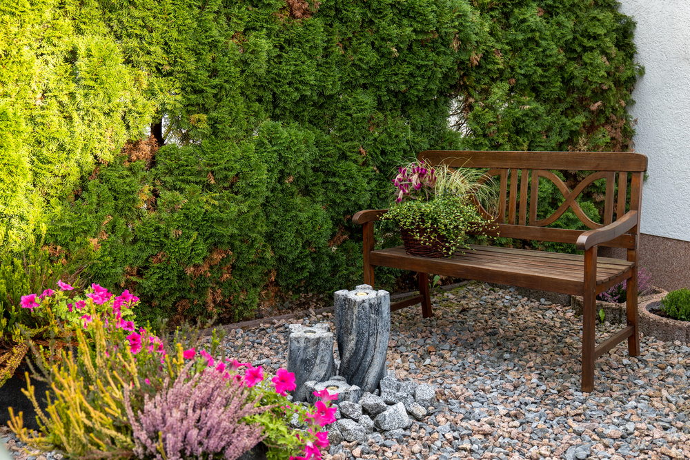 rock, garden, bench