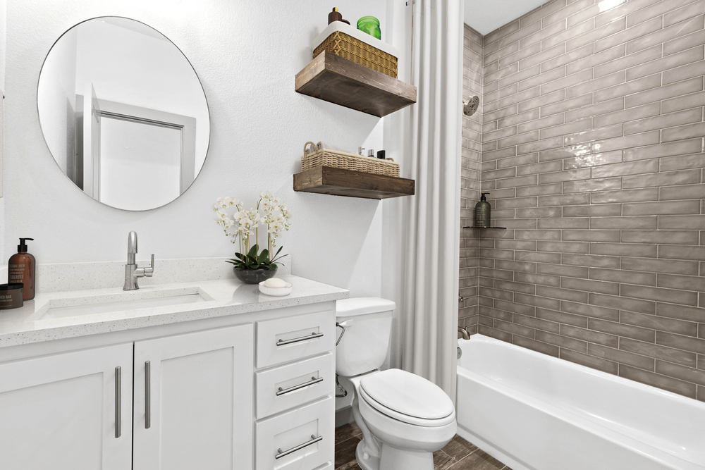 bathroom, frameless mirror