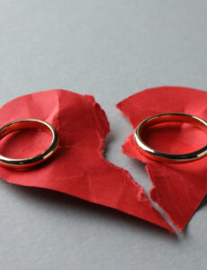 wedding rings on a split paper heart