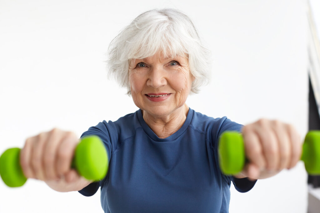 senior, woman, hand dumbbells