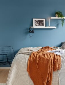 blue wall, bedroom
