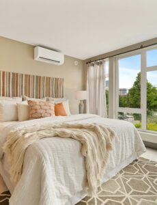 a cozy and serene, neutral bedroom