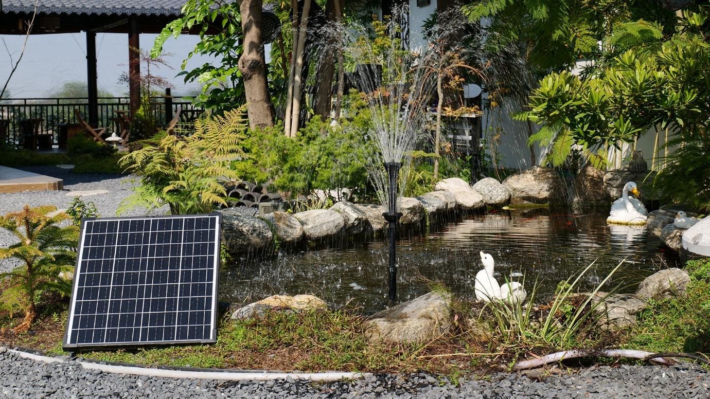 koi pond with solar filter, pump