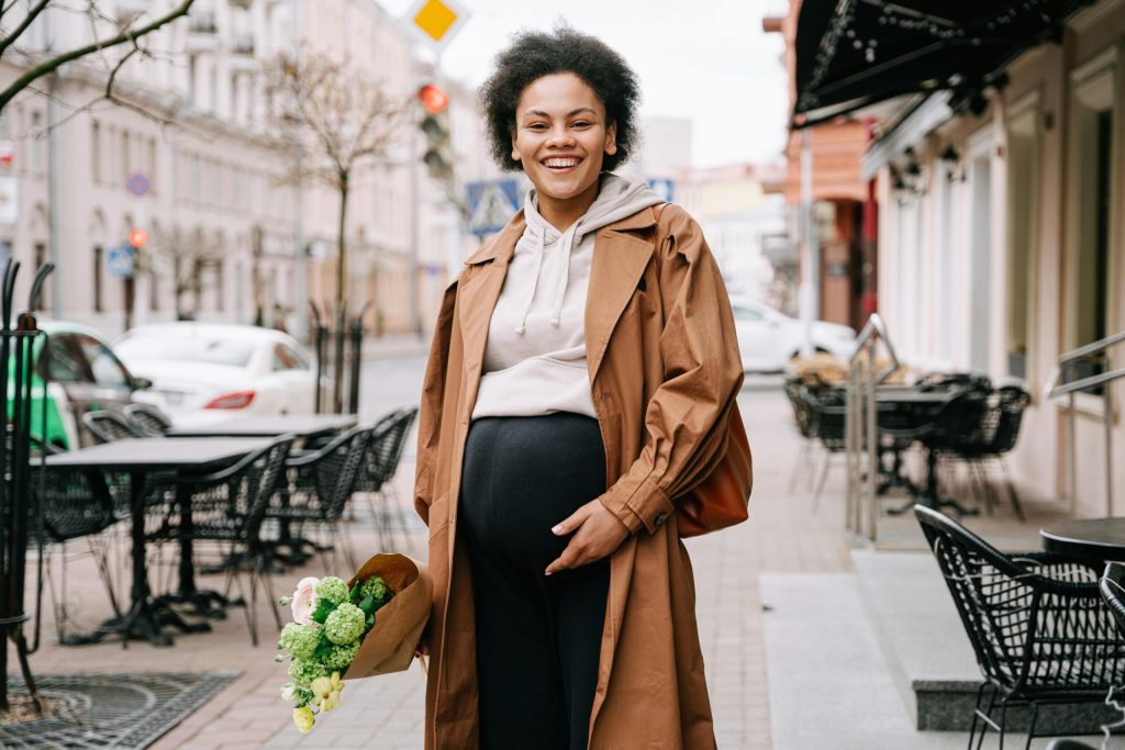 pregnant, woman, town, sidewalk