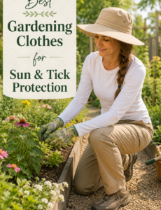 woman in cargo pants and gardening hat