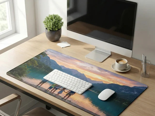 Custom landscape desk mat on desk.