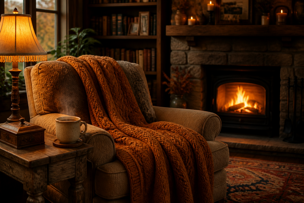 A cozy armchair by a warm crackling fireplace.