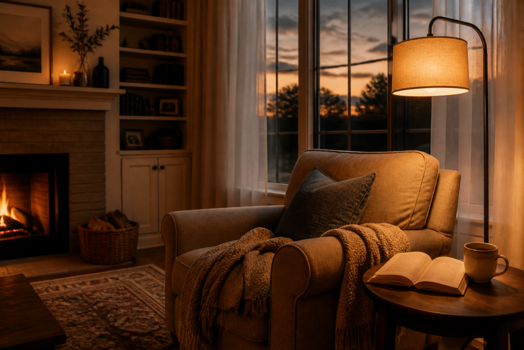 A cozy living room with fireplace and reading nook.