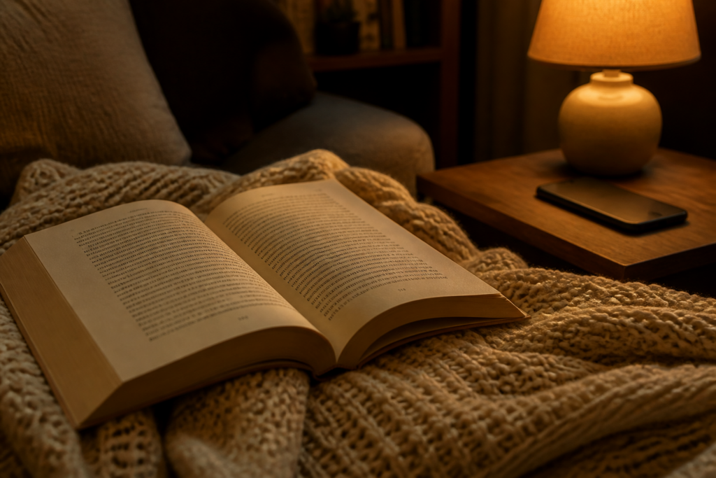 Cozy nook with book, blanket, lamp, and phone.