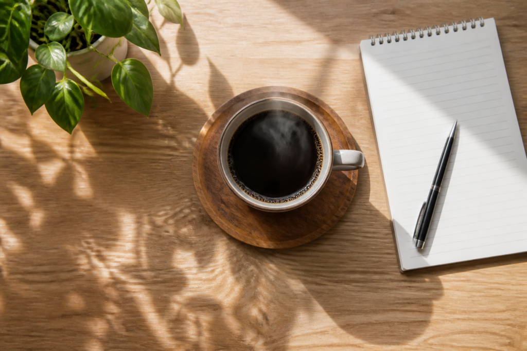 a cup of coffee on a light wood table with a notebook, pen, and plant