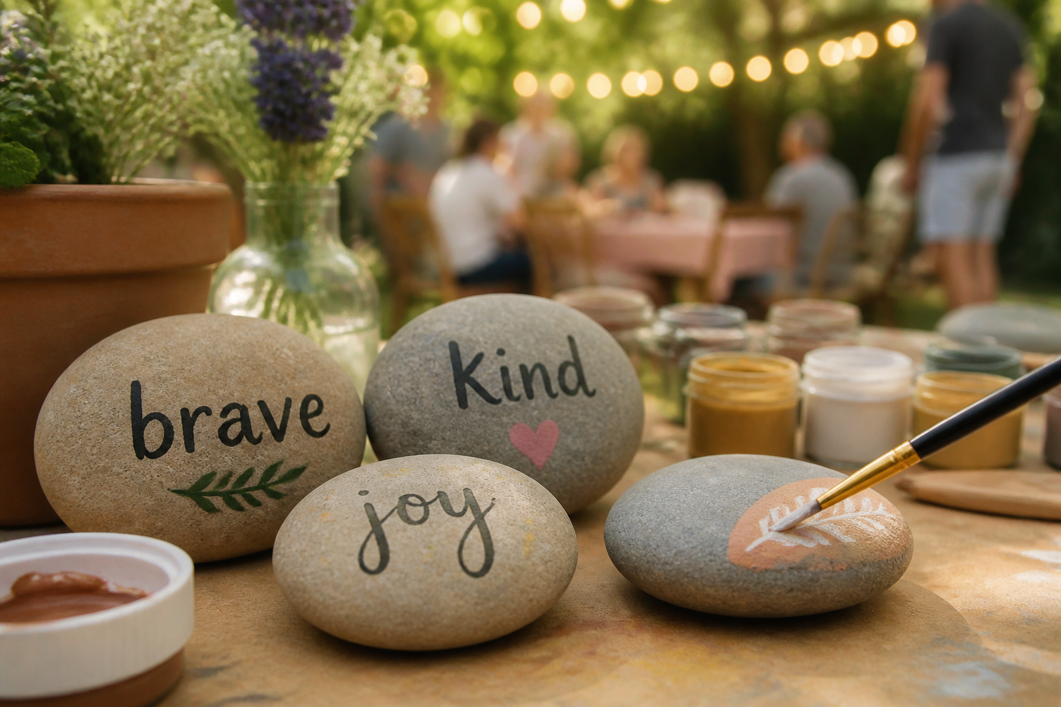 Decorative stones painted with inspiring words on a table.